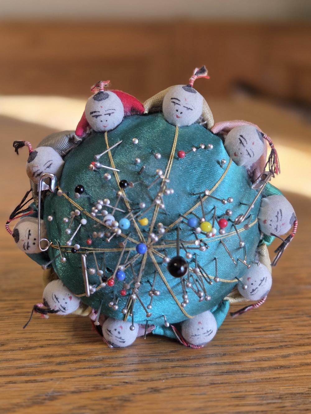 Vintage Chinese Silk Pin Cushion Sewing Needle Hand Painted 10 People in Circle